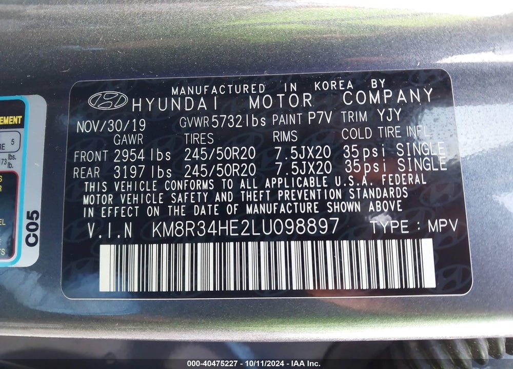 2020 HYUNDAI PALISADE SEL VIN: KM8R34HE2LU098897