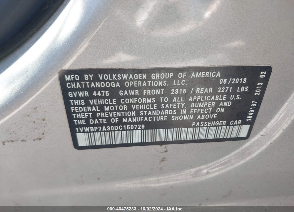 2013 VOLKSWAGEN PASSAT 2.5L SE VIN: 1VWBP7A30DC150729