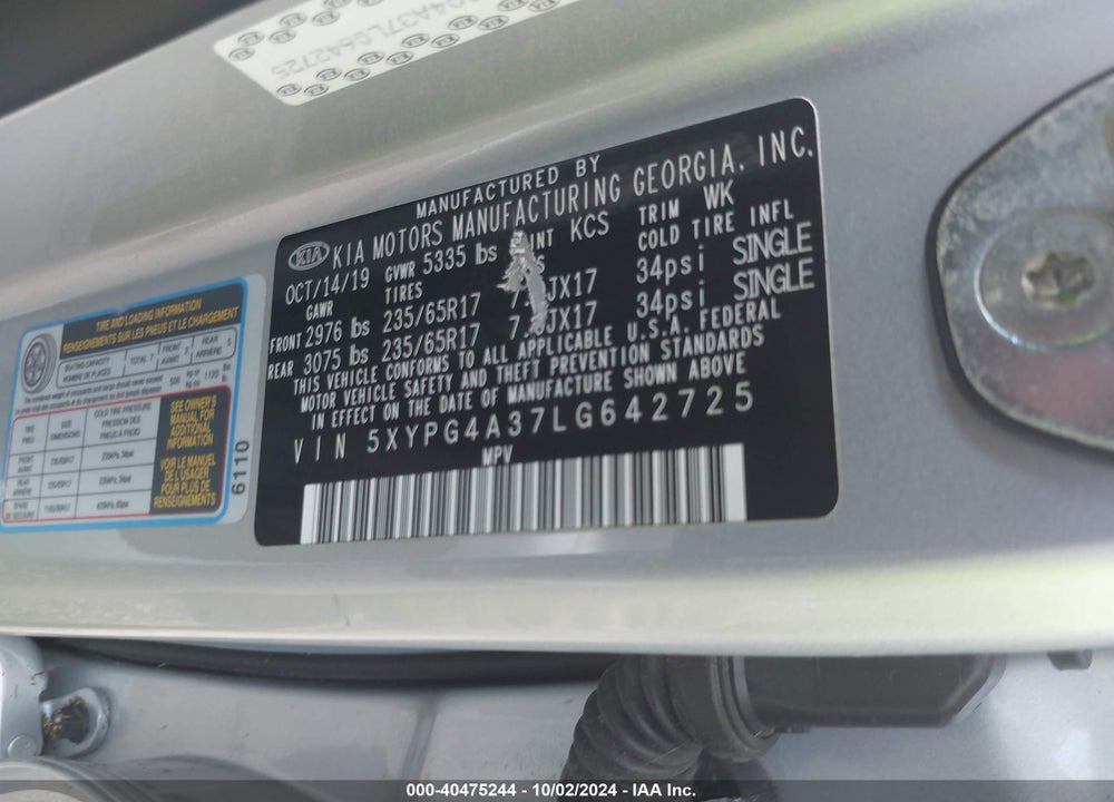 2020 KIA SORENTO 2.4L L VIN: 5XYPG4A37LG642725