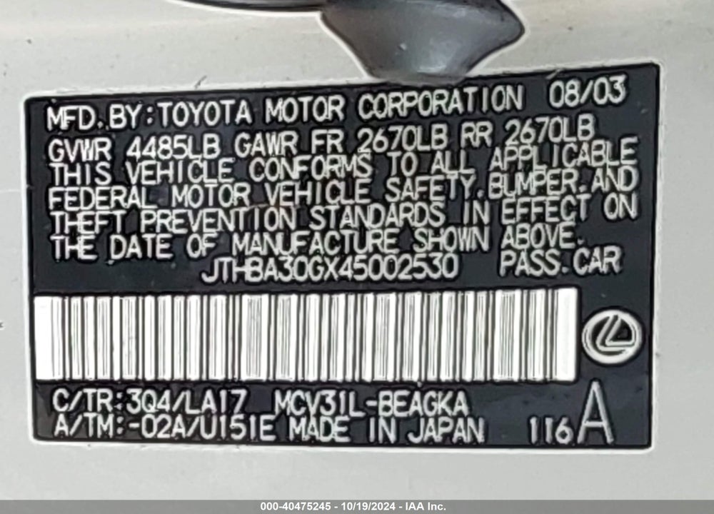 2004 LEXUS ES 330 VIN: JTHBA30GX45002530