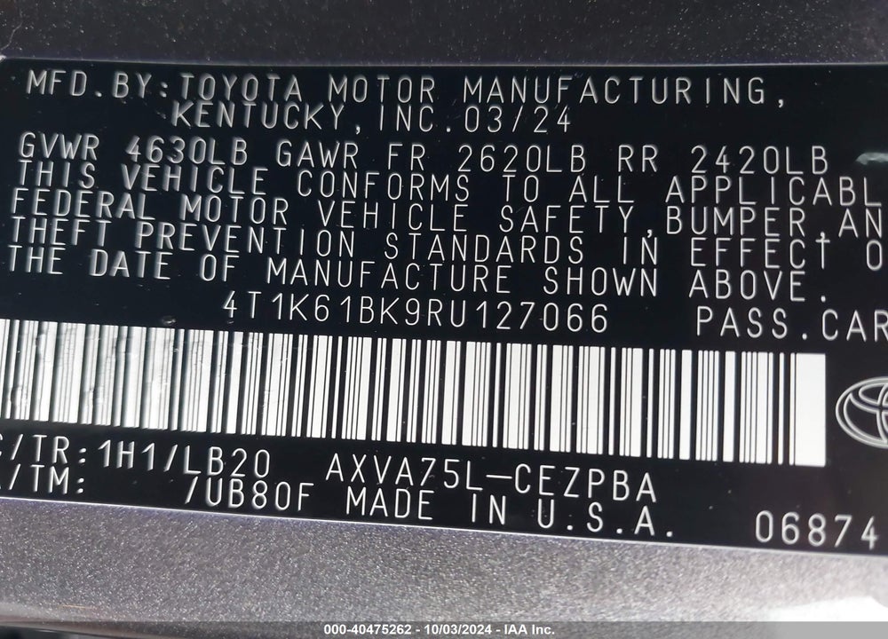 2024 TOYOTA CAMRY XSE VIN: 4T1K61BK9RU127066