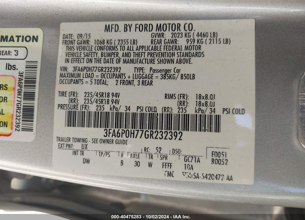 2016 FORD FUSION SE VIN: 3FA6P0H77GR232392