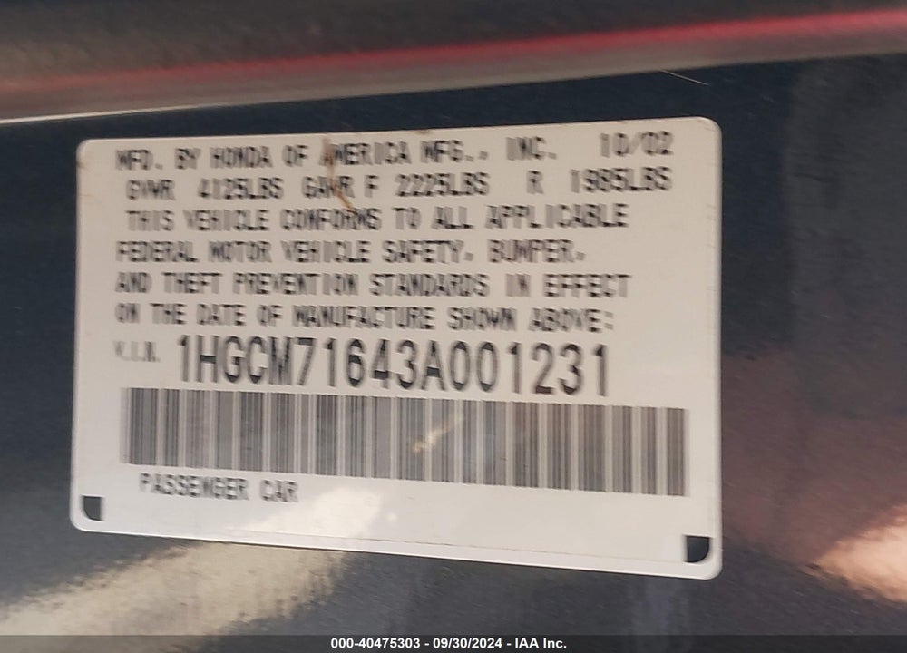 2003 HONDA ACCORD 2.4 EX VIN: 1HGCM71643A001231