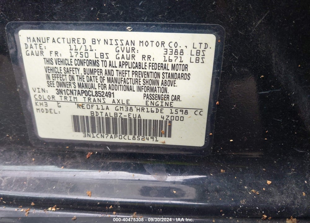 2012 NISSAN VERSA 1.6 SV VIN: 3N1CN7AP0CL852491