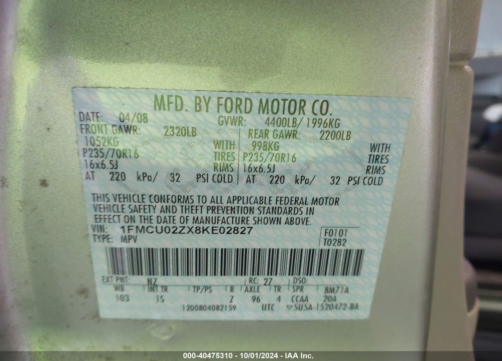 2008 FORD ESCAPE XLS/XLS MANUAL VIN: 1FMCU02ZX8KE02827