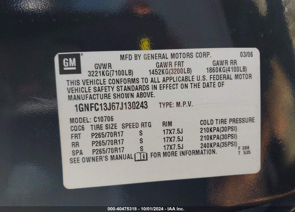 2007 CHEVROLET TAHOE LT VIN: 1GNFC13J67J130243