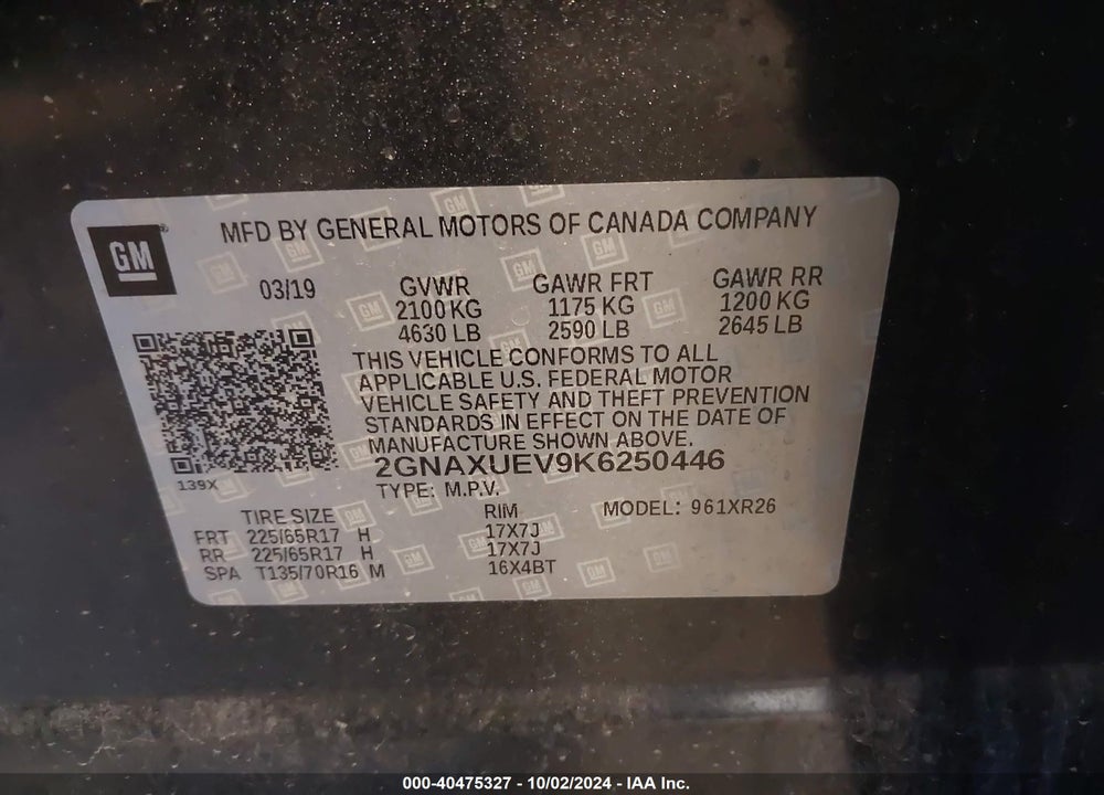 2019 CHEVROLET EQUINOX LT VIN: 2GNAXUEV9K6250446