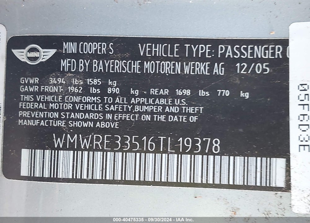 2006 MINI COOPER S VIN: WMWRE33516TL19378
