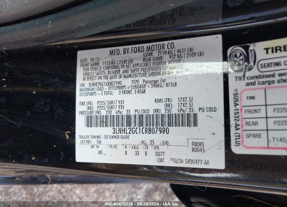 2012 LINCOLN MKZ VIN: 3LNHL2GC1CR807990
