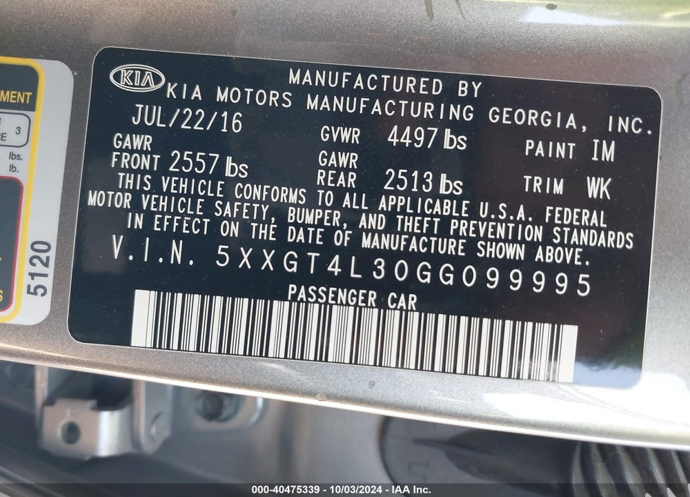 2016 KIA OPTIMA LX VIN: 5XXGT4L30GG099995