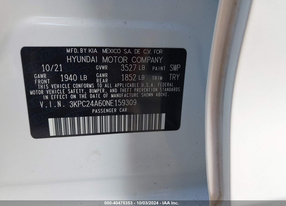 2022 HYUNDAI ACCENT SE VIN: 3KPC24A60NE159309