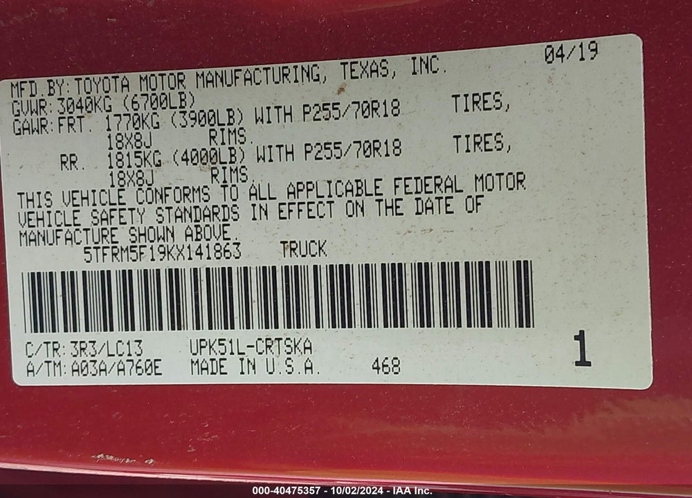 2019 TOYOTA TUNDRA SR 4.6L V8 VIN: 5TFRM5F19KX141863