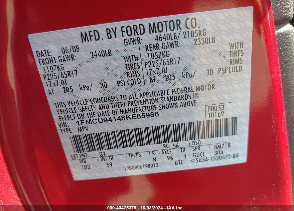 2008 FORD ESCAPE LIMITED VIN: 1FMCU94148KE85988