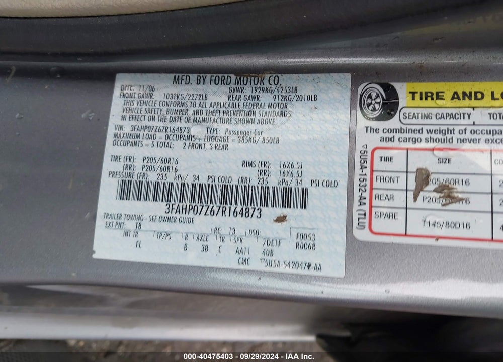 2007 FORD FUSION SE VIN: 3FAHP07Z67R164873