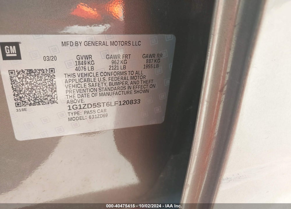 2020 CHEVROLET MALIBU FWD LT VIN: 1G1ZD5ST6LF120833