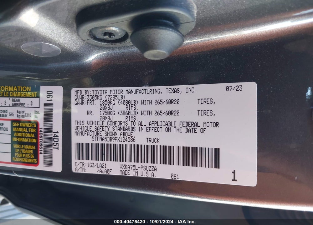 2023 TOYOTA TUNDRA PLATINUM VIN: 5TFNA5DB9PX124586