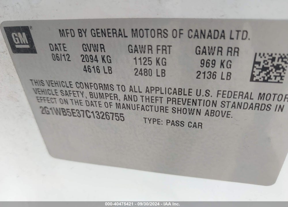 2012 CHEVROLET IMPALA LT VIN: 2G1WB5E37C1326755