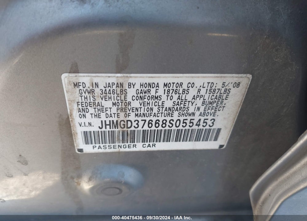 2008 HONDA FIT SPORT VIN: JHMGD37668S055453