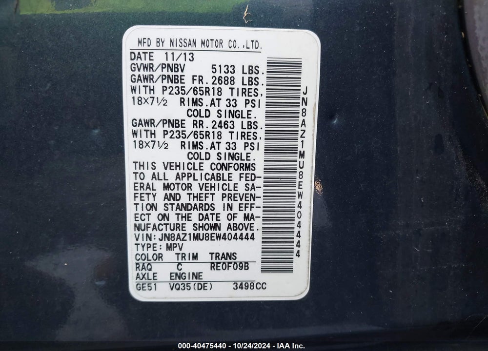 2014 NISSAN MURANO SL VIN: JN8AZ1MU8EW404444