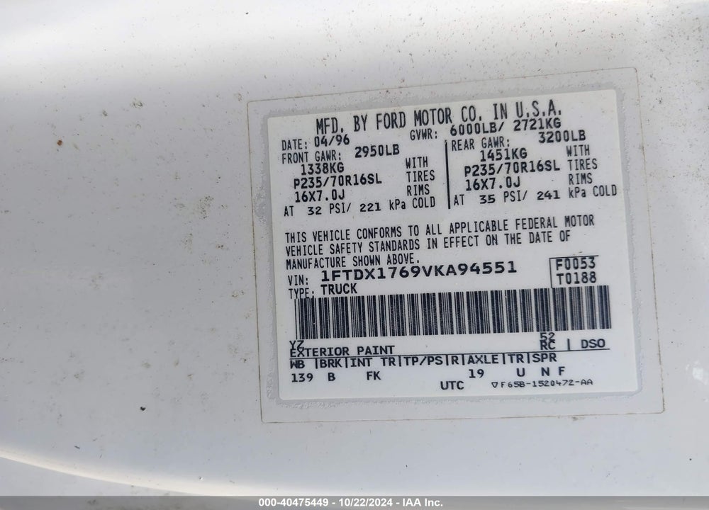 1997 FORD F-150 LARIAT/STANDARD/XL/XLT VIN: 1FTDX1769VKA94551