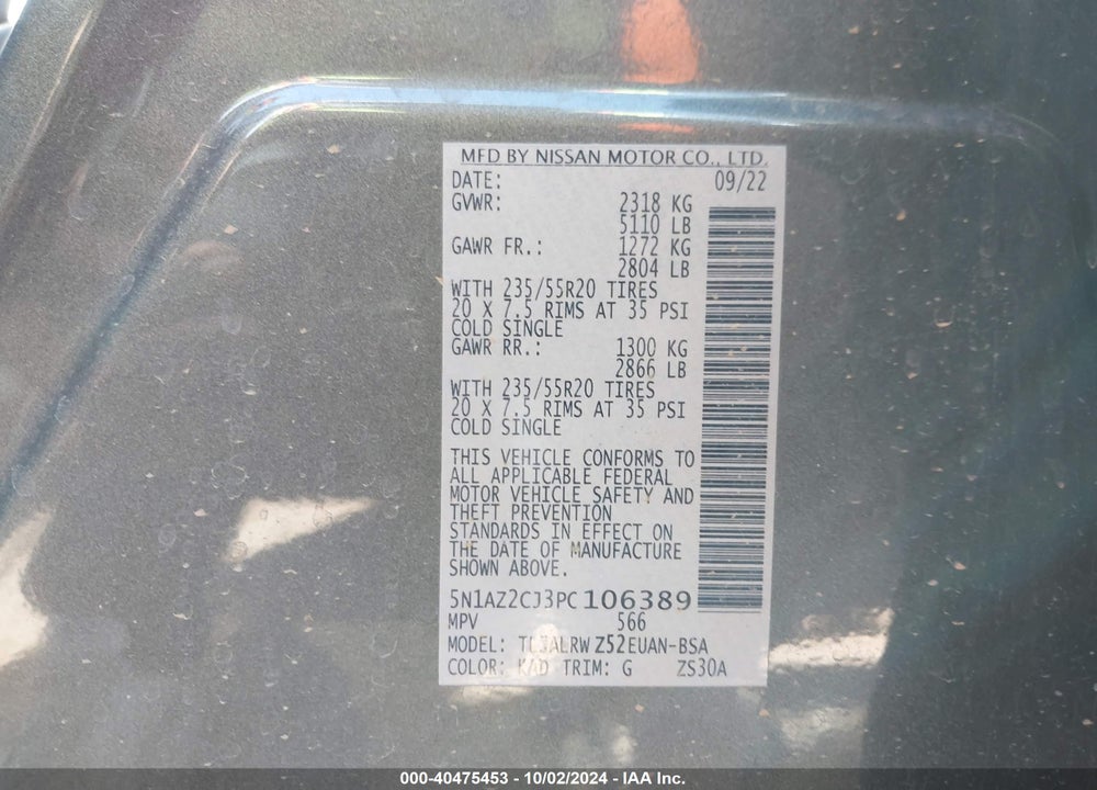 2023 NISSAN MURANO SL FWD VIN: 5N1AZ2CJ3PC106389