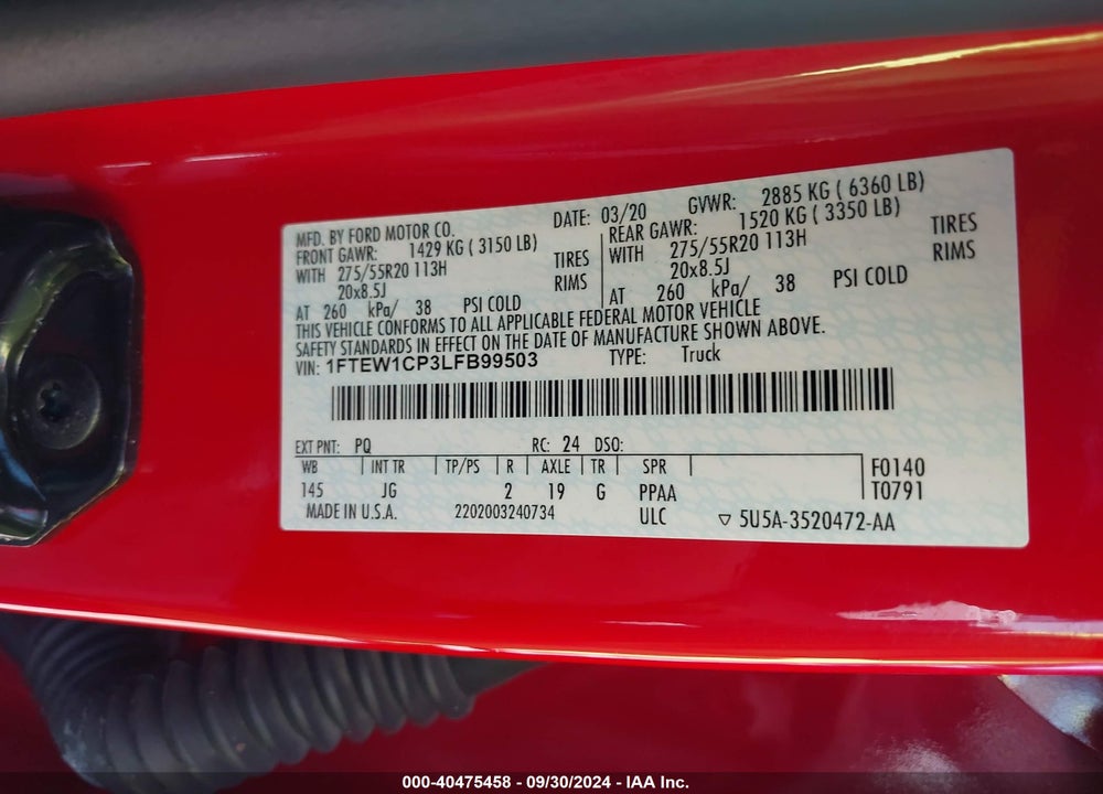 2020 FORD F-150 XL VIN: 1FTEW1CP3LFB99503