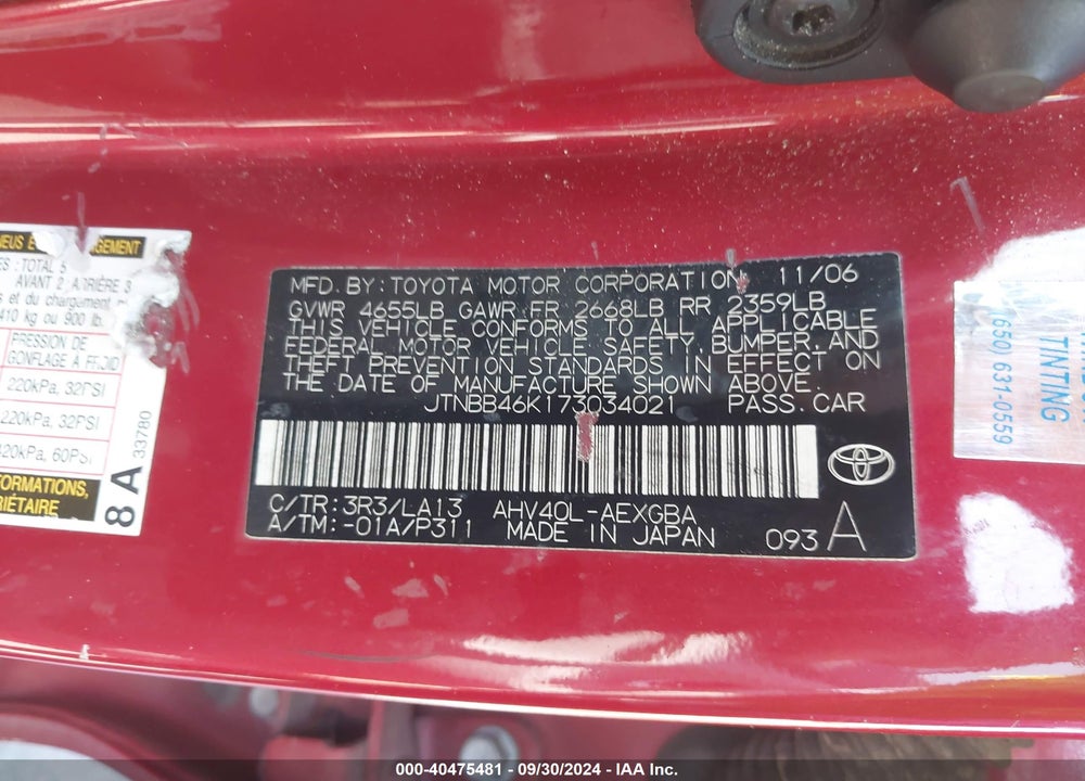 2007 TOYOTA CAMRY HYBRID VIN: JTNBB46K173034021