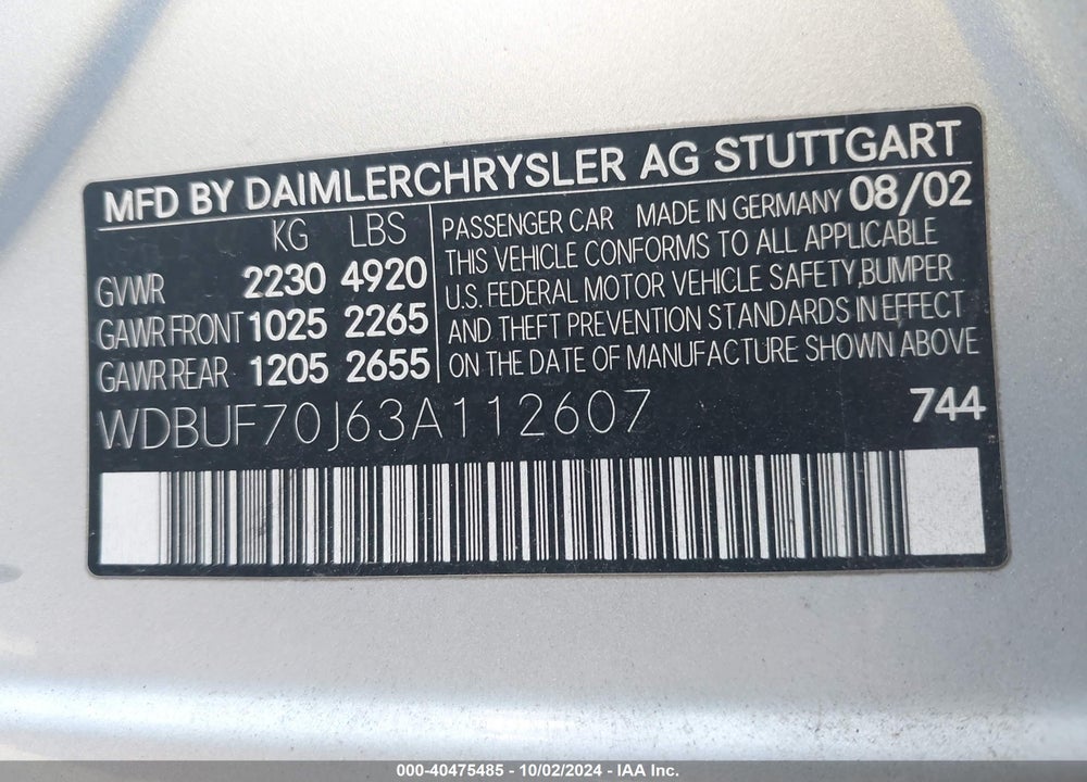 2003 MERCEDES-BENZ E 500 VIN: WDBUF70J63A112607