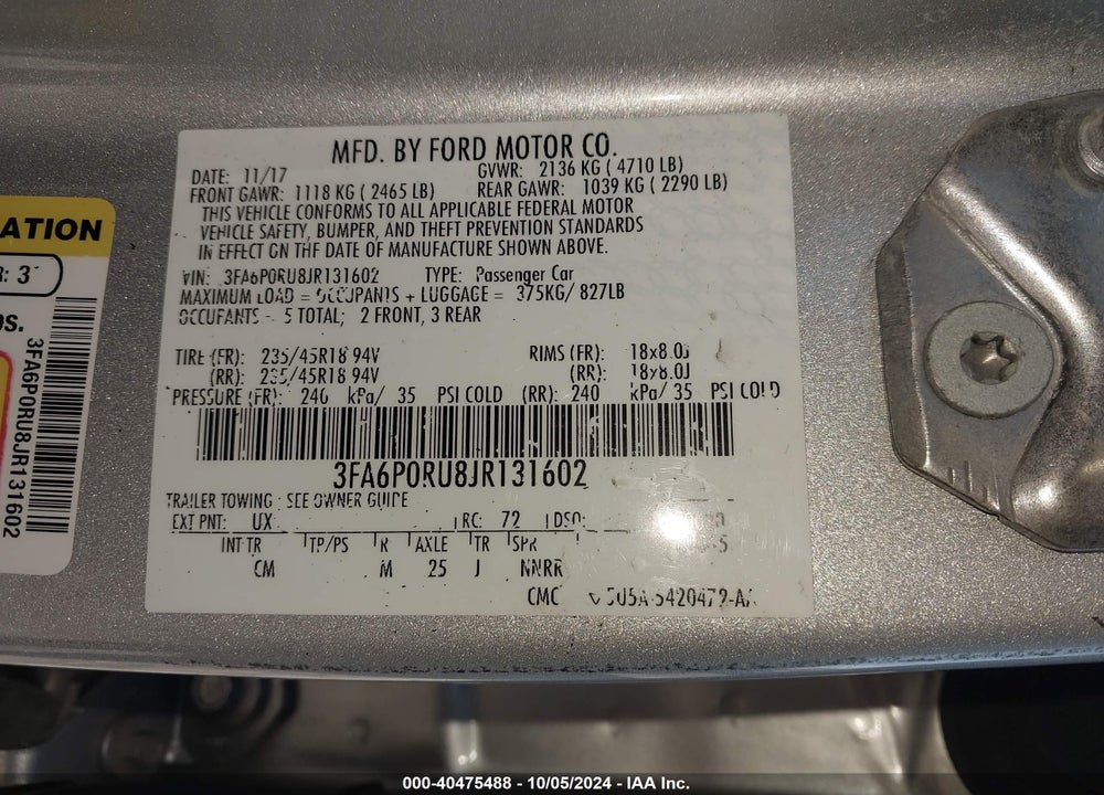 2018 FORD FUSION HYBRID TITANIUM VIN: 3FA6P0RU8JR131602