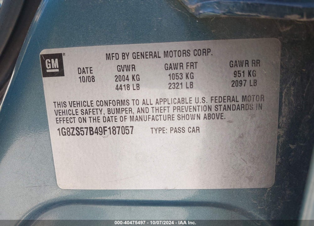 2009 SATURN AURA XE VIN: 1G8ZS57B49F187057