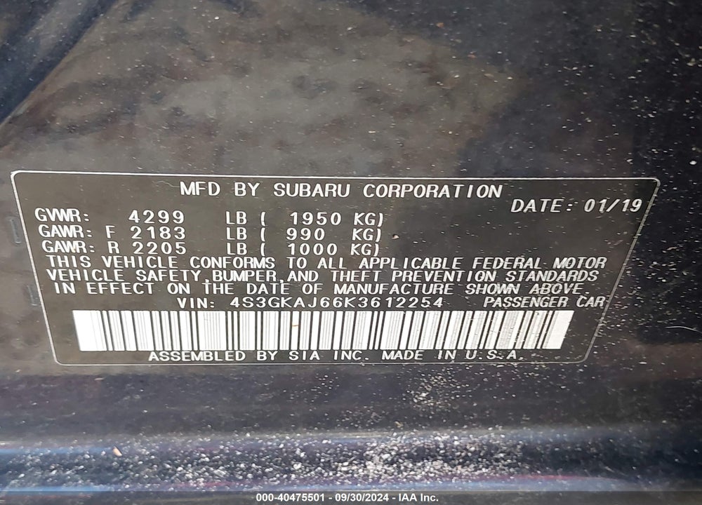 2019 SUBARU IMPREZA VIN: 4S3GKAJ66K3612254