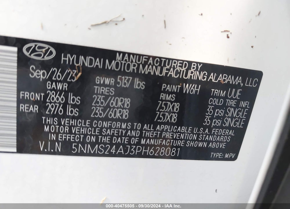 2023 HYUNDAI SANTA FE SEL VIN: 5NMS24AJ3PH628081