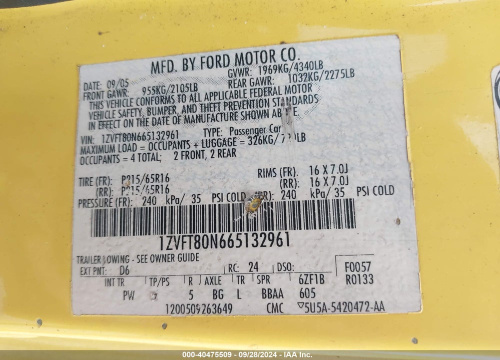 2006 FORD MUSTANG V6 VIN: 1ZVFT80N665132961
