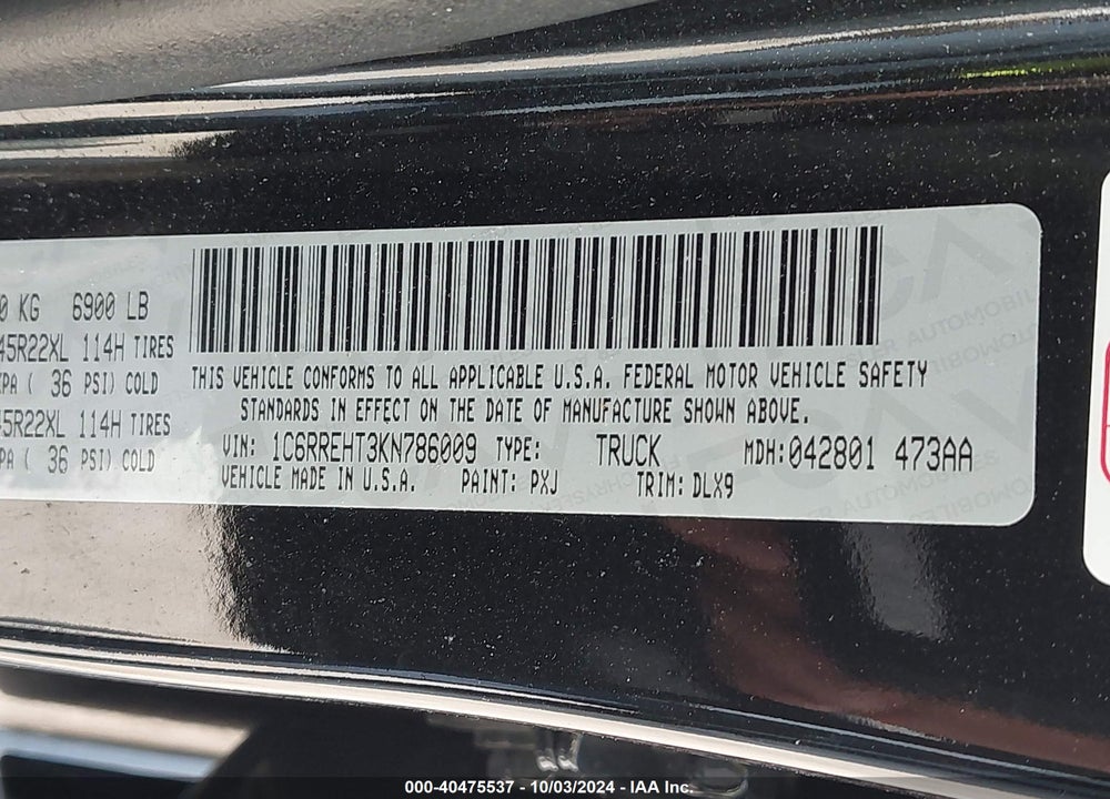 2019 RAM 1500 LIMITED  4X2 5'7 BOX VIN: 1C6RREHT3KN786009