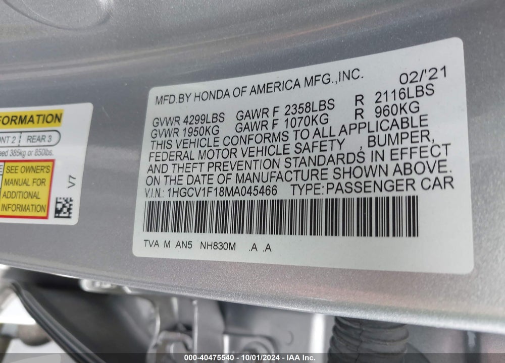 2021 HONDA ACCORD LX VIN: 1HGCV1F18MA045466