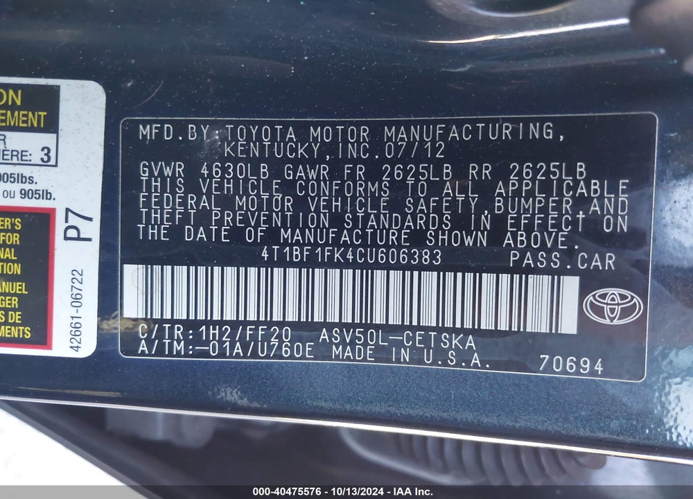 2012 TOYOTA CAMRY SE VIN: 4T1BF1FK4CU606383
