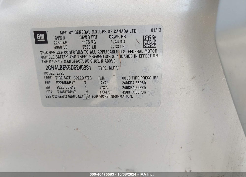 2013 CHEVROLET EQUINOX LS VIN: 2GNALBEK5D6245981