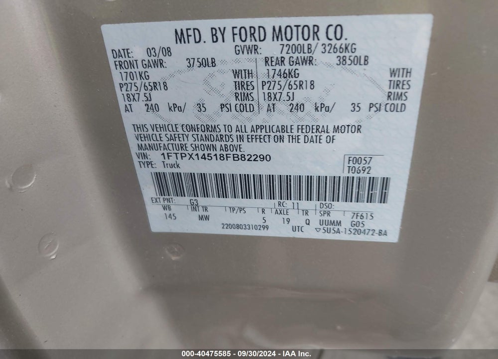 2008 FORD F-150 FX4/LARIAT/XL/XLT VIN: 1FTPX14518FB82290