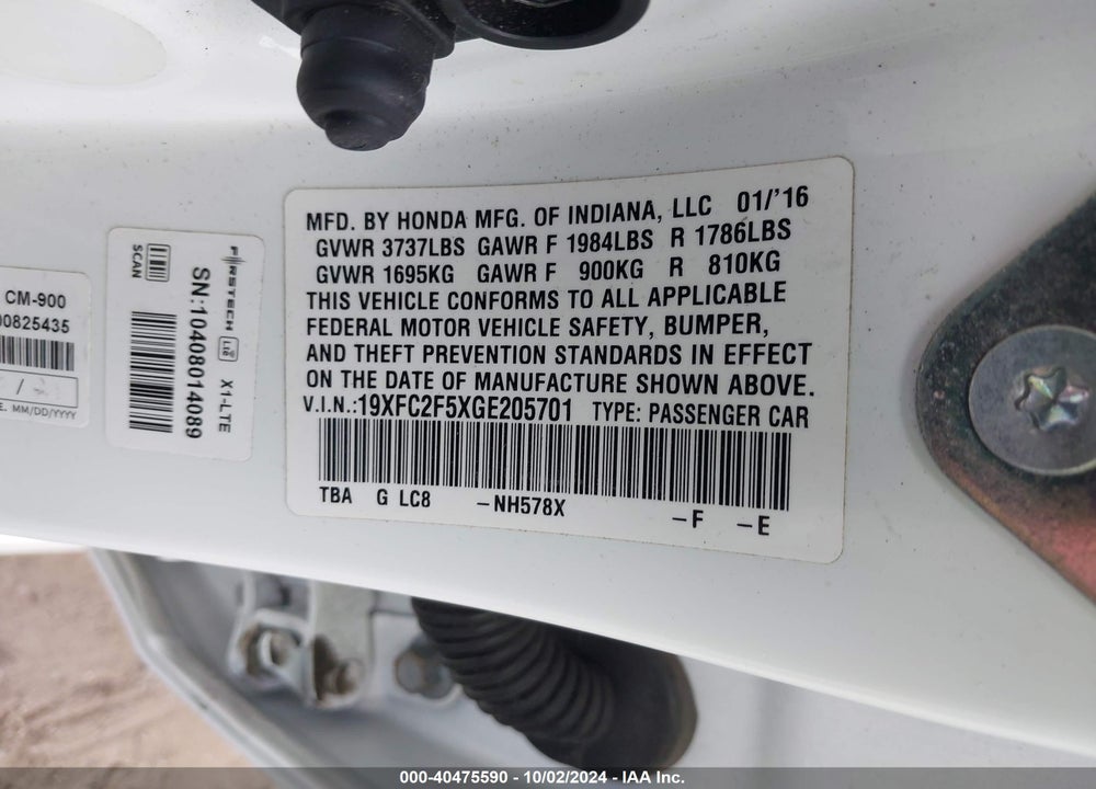 2016 HONDA CIVIC LX VIN: 19XFC2F5XGE205701