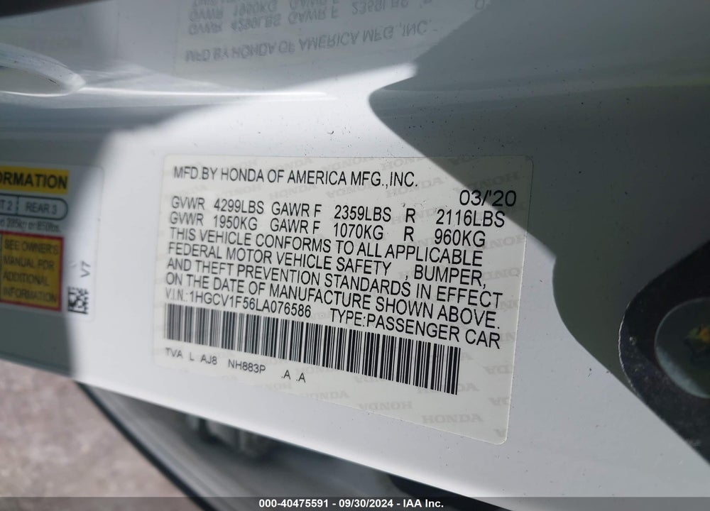 2020 HONDA ACCORD EX-L VIN: 1HGCV1F56LA076586