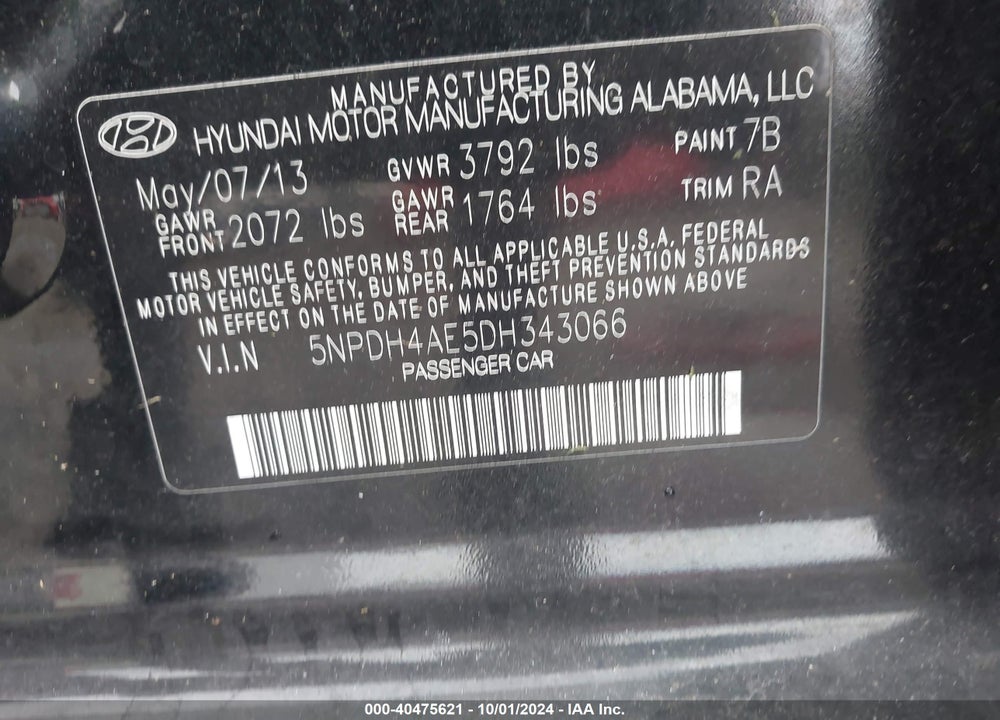 2013 HYUNDAI ELANTRA GLS VIN: 5NPDH4AE5DH343066