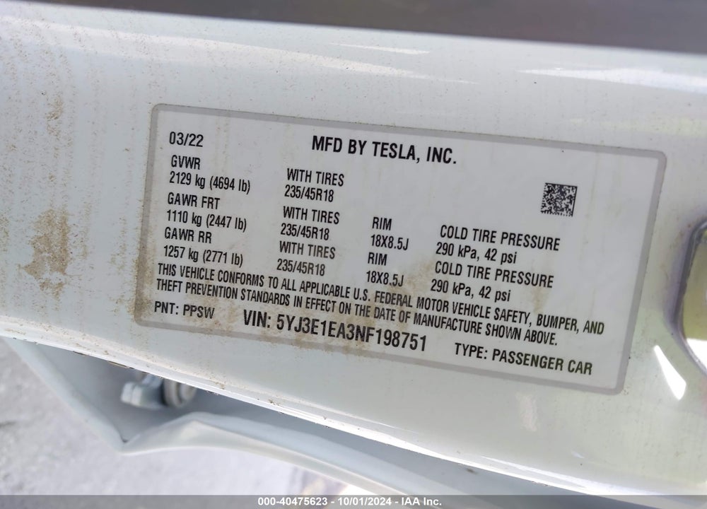 2022 TESLA MODEL 3 REAR-WHEEL DRIVE VIN: 5YJ3E1EA3NF198751