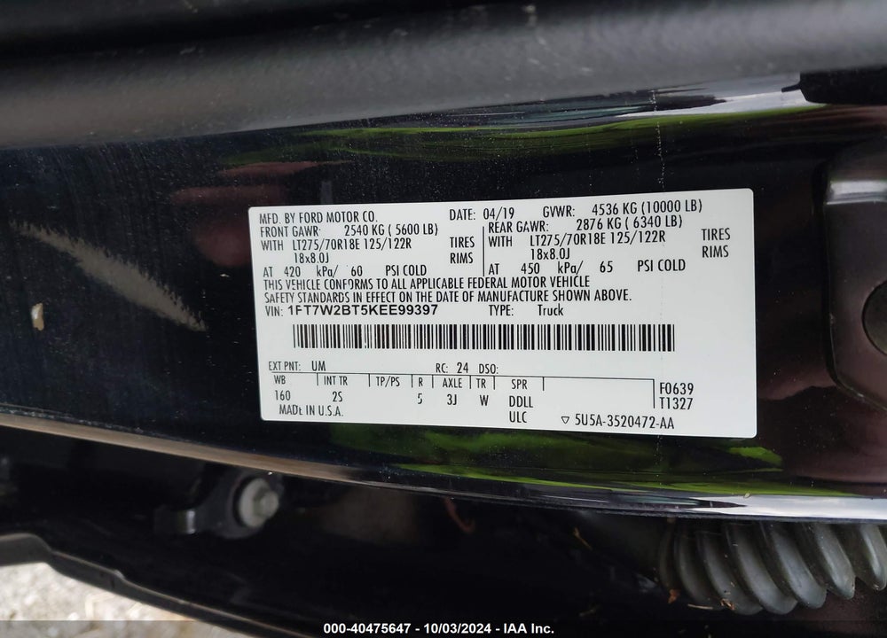 2019 FORD F-250 XLT VIN: 1FT7W2BT5KEE99397