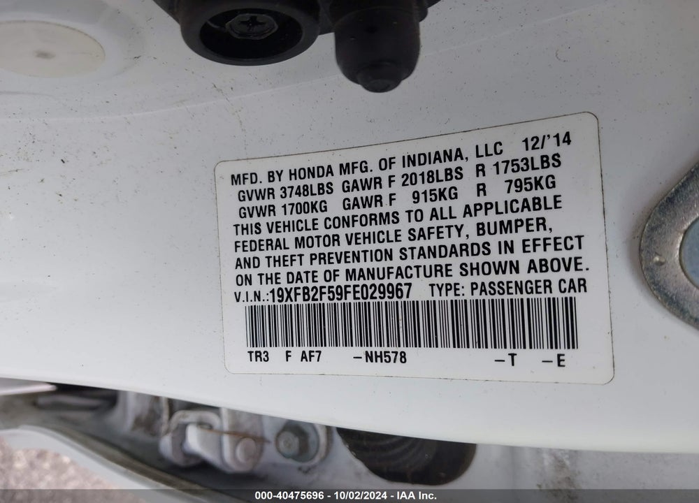 2015 HONDA CIVIC LX VIN: 19XFB2F59FE029967