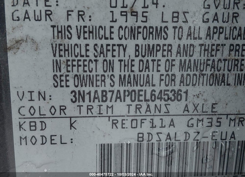 2014 NISSAN SENTRA SV VIN: 3N1AB7AP0EL645361