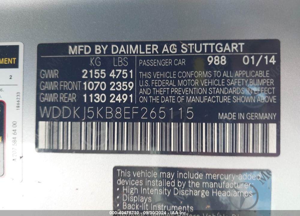 2014 MERCEDES-BENZ E 350 VIN: WDDKJ5KB8EF265115