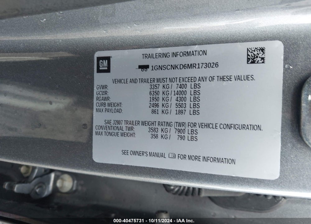 2021 CHEVROLET TAHOE 2WD LT VIN: 1GNSCNKD6MR173026