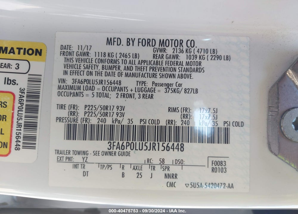 2018 FORD FUSION HYBRID SE VIN: 3FA6P0LU5JR156448