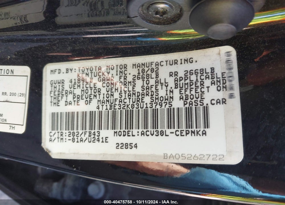 2003 TOYOTA CAMRY LE VIN: 4T1BE32K03U137975