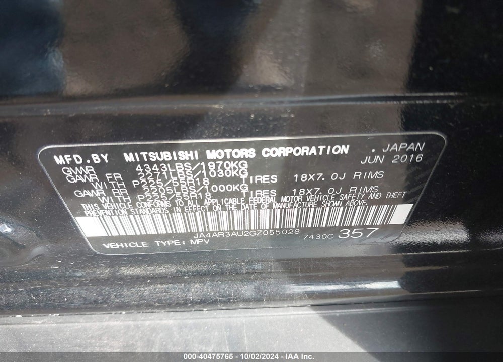 2016 MITSUBISHI OUTLANDER SPORT 2.0 ES VIN: JA4AR3AU2GZ055028